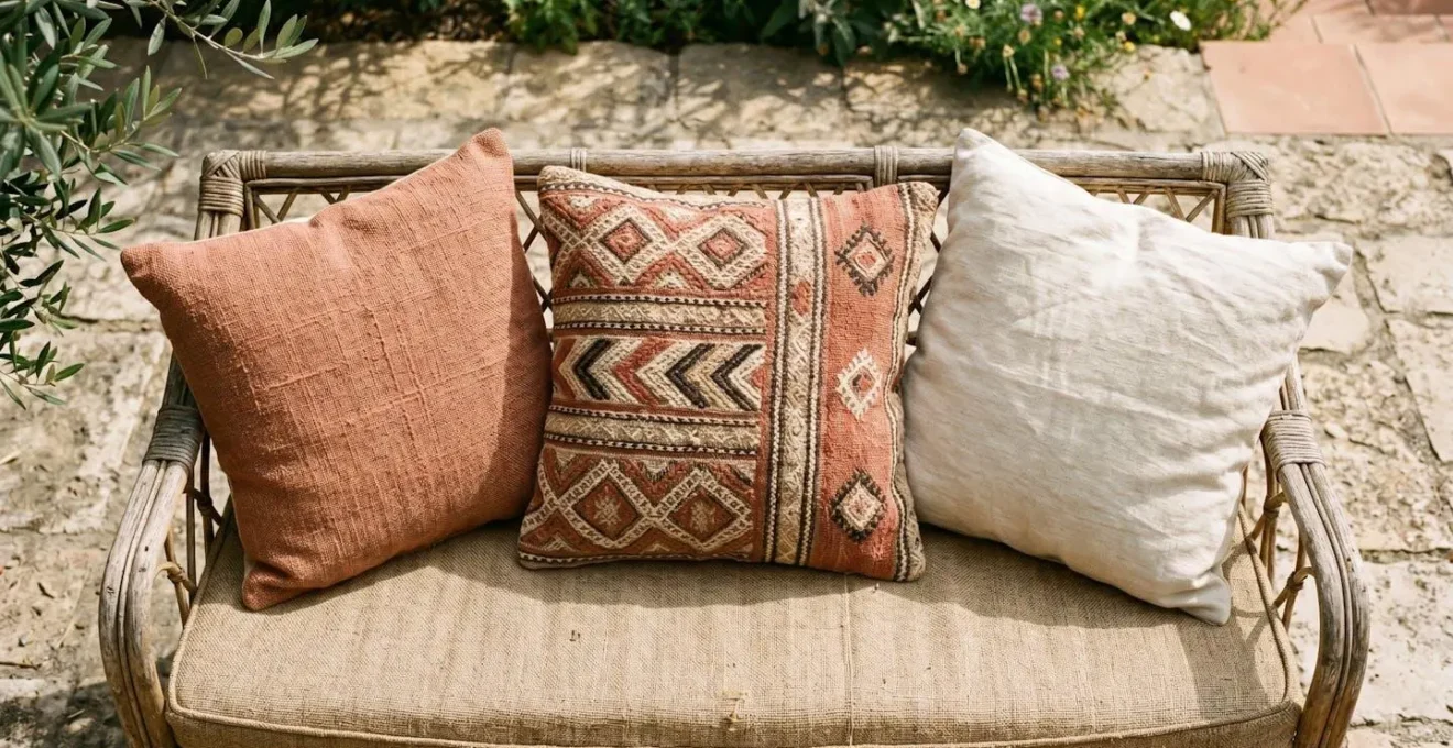 Composition de coussins d'extérieur aux tons terracotta et crème, avec motifs géométriques, sur un canapé.