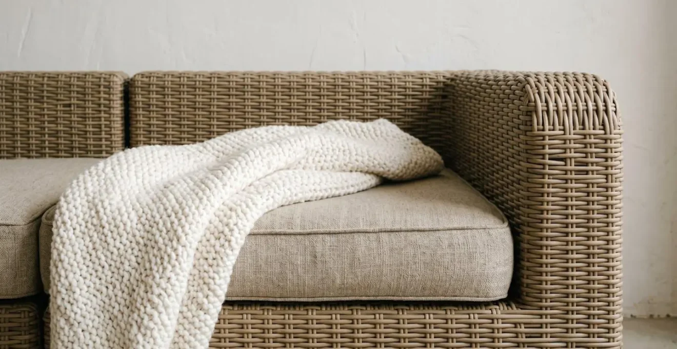 Gros plan sur un canapé d'angle modulable en résine tressée beige, avec un plaid en lin sur l'accoudoir.