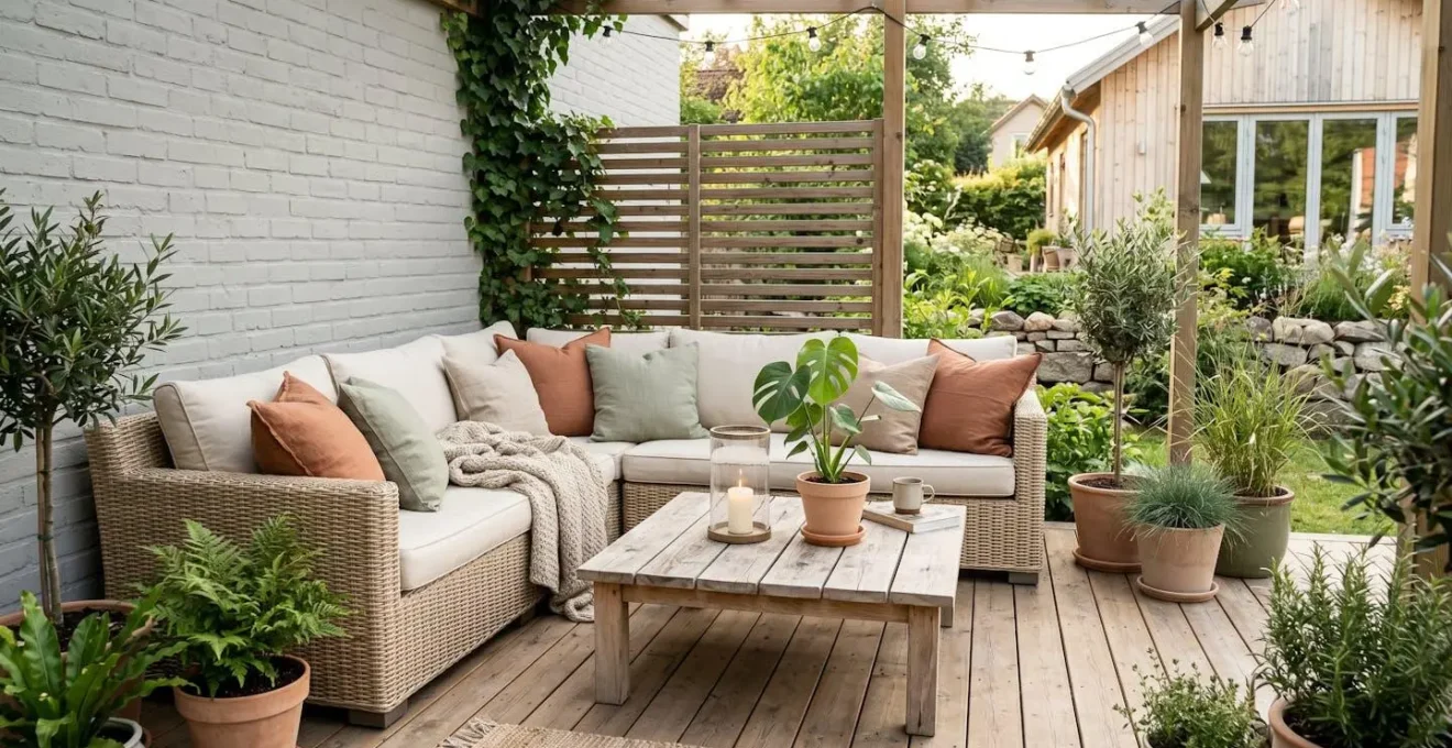 Terrasse lumineuse avec canapé d'angle crème, coussins colorés, table basse en bois et lanterne, créant une ambiance bohème chic.