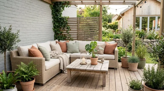 Terrasse lumineuse avec canapé d'angle crème, coussins colorés, table basse en bois et lanterne, créant une ambiance bohème chic.