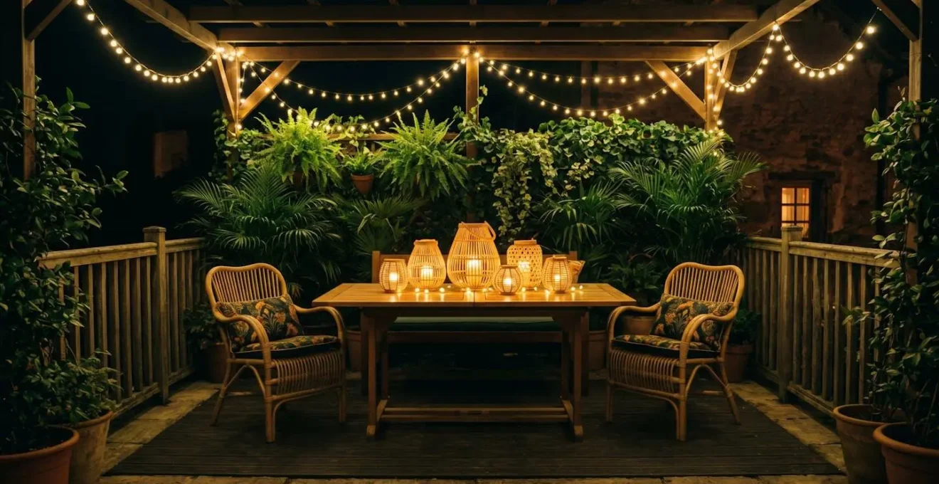 Terrasse illuminée par des guirlandes lumineuses et des lanternes en rotin, créant une ambiance bohème chic nocturne.