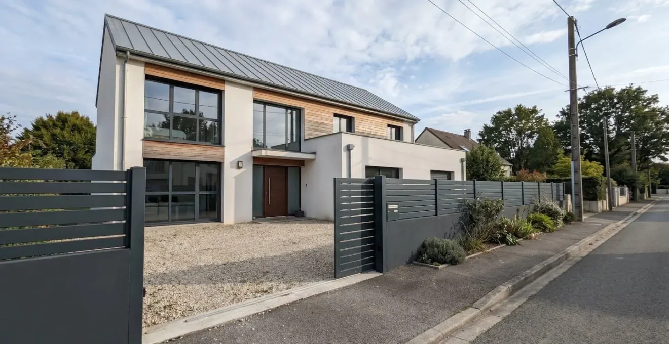 Façade de maison contemporaine française avec portail aluminium intégré de façon discrète dans la clôture, design minimaliste