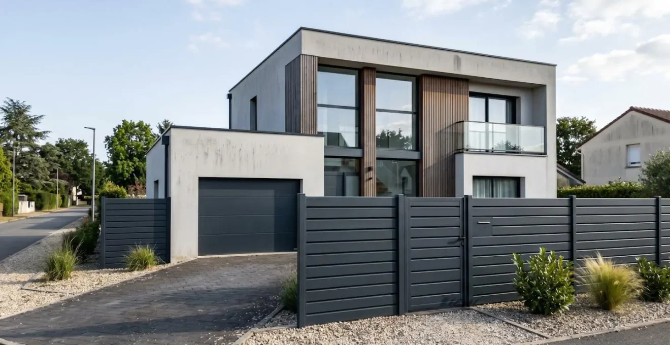 Façade de maison contemporaine française avec portail aluminium intégré de façon discrète dans la clôture, design minimaliste