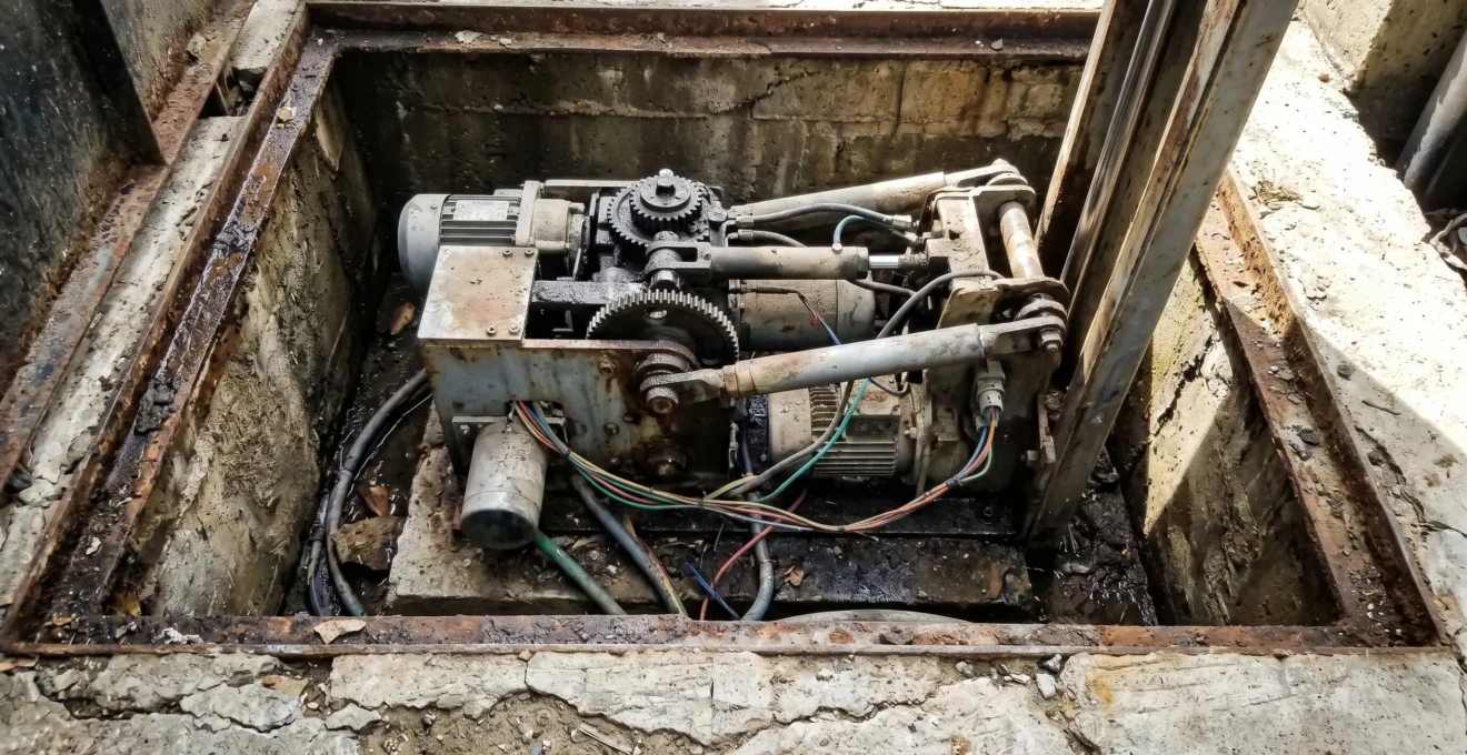 Gros plan sur un mécanisme de motorisation de portail enterrée partiellement visible dans un pilier en béton, pièces métalliques et câblage nets
