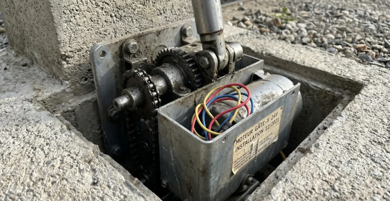 Gros plan sur un mécanisme de motorisation de portail enterrée partiellement visible dans un pilier en béton, pièces métalliques et câblage nets