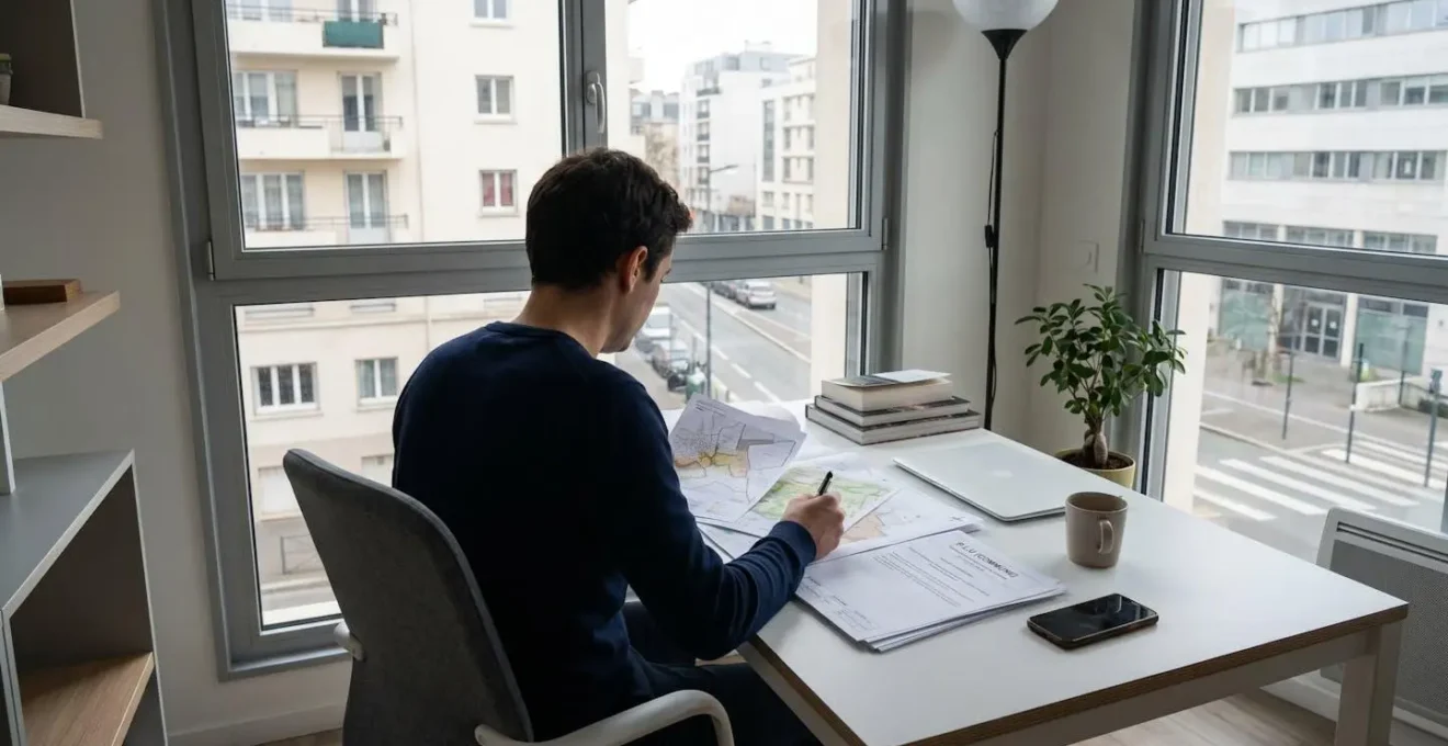 Personne de dos assise à un bureau moderne consultant des documents d