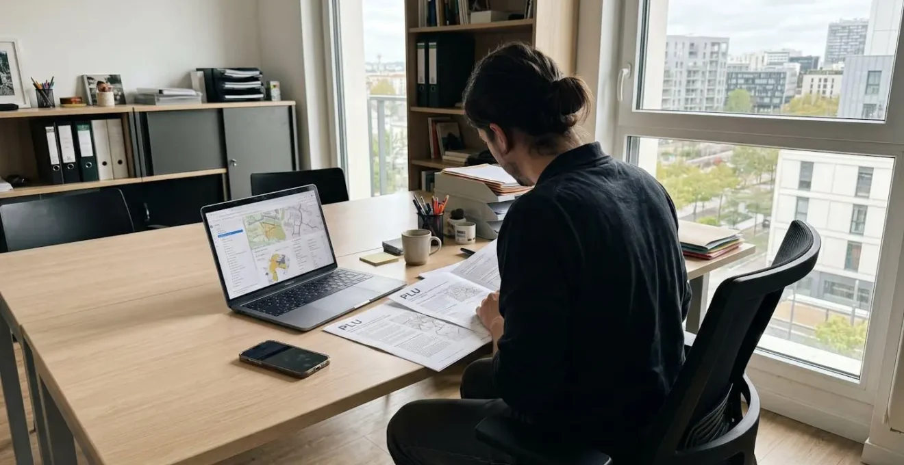 Personne de dos assise à un bureau moderne consultant des documents d