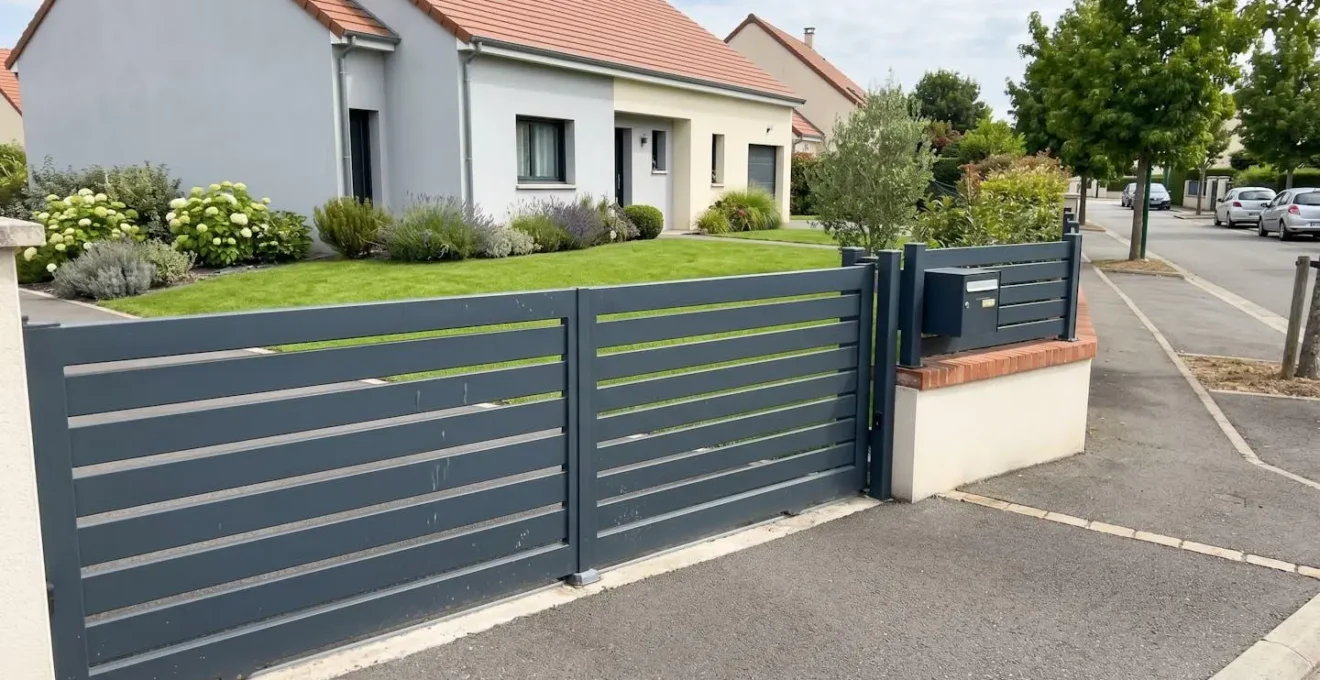 Portail coulissant en aluminium gris anthracite fermé devant un jardin de maison contemporaine avec pelouse et plantations visibles à travers les barreaux