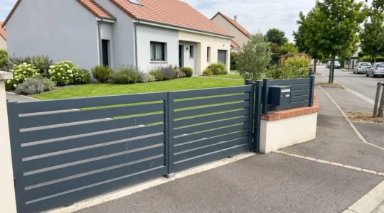 Portail coulissant en aluminium gris anthracite fermé devant un jardin de maison contemporaine avec pelouse et plantations visibles à travers les barreaux