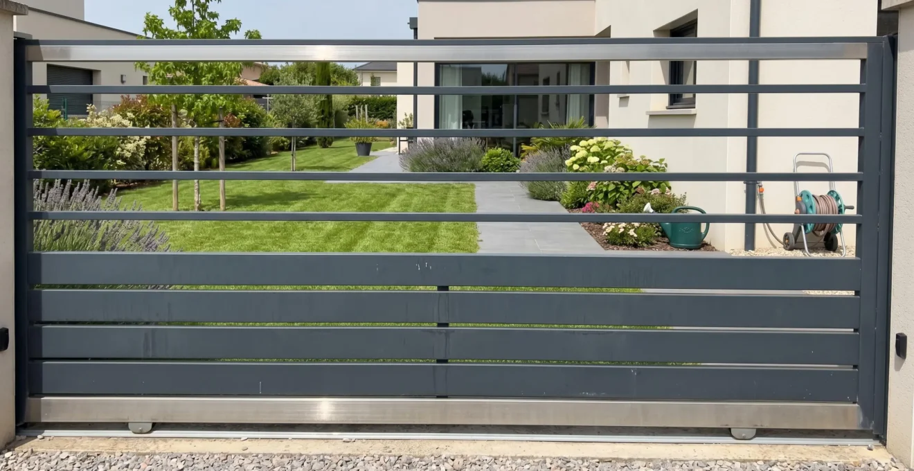 Portail coulissant en aluminium gris anthracite fermé devant un jardin de maison contemporaine avec pelouse et plantations visibles à travers les barreaux